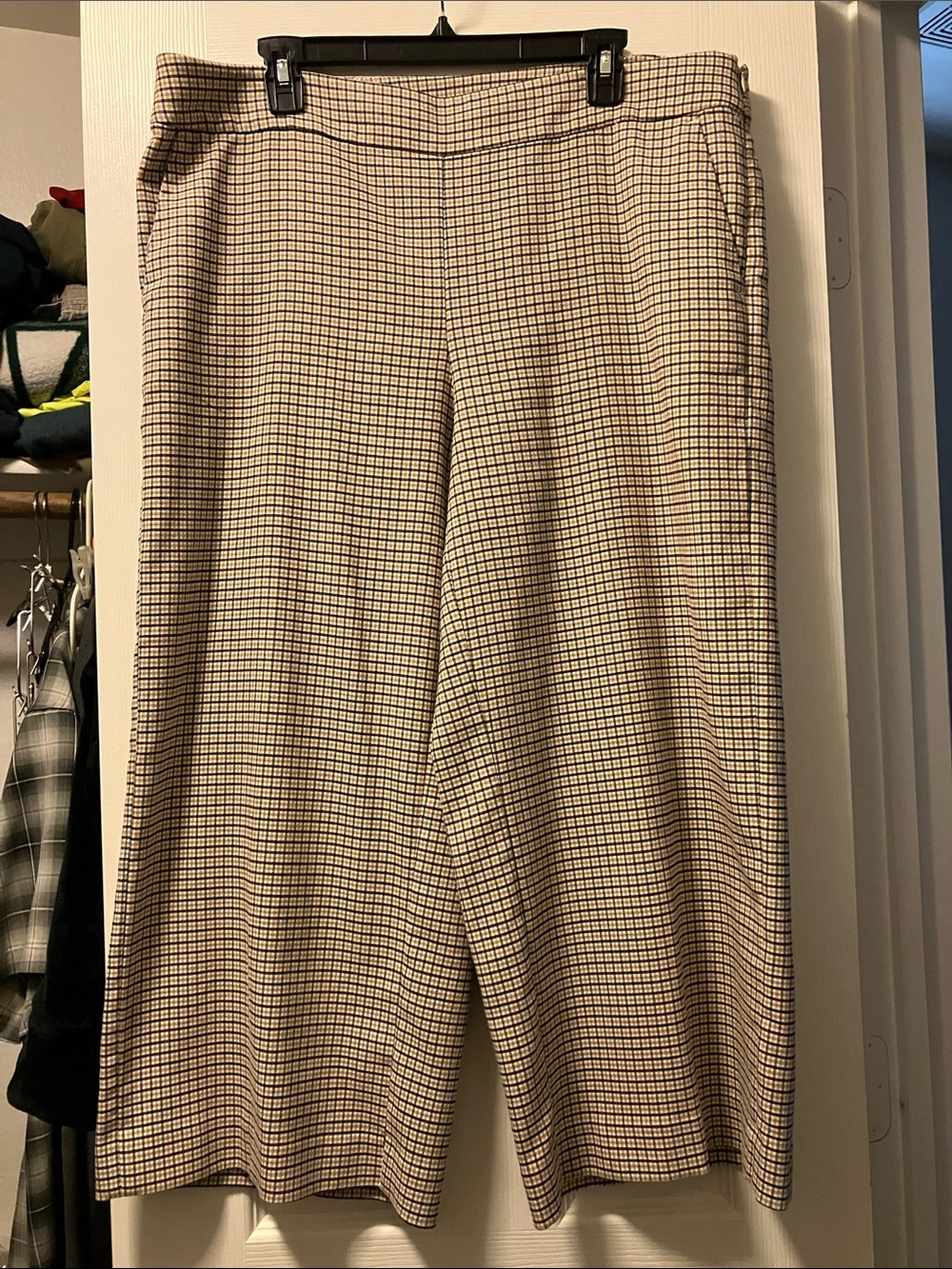 LOFT Beige Plaid Ankle Cropped Wide-Leg Pants